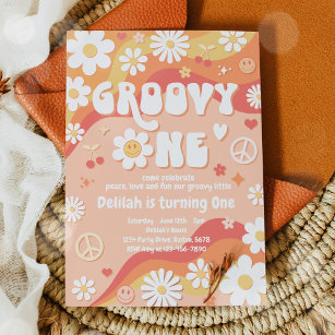 Groovy One Daisy Floral 70s Peace Hippie Birthday Invitation