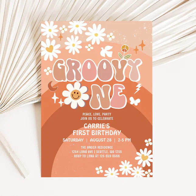 Groovy ONE Daisy Hippie 70's Retro 1st Birthday Invitation | Zazzle