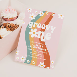 Groovy One daisy rainbow 3rd birthday Invitation
