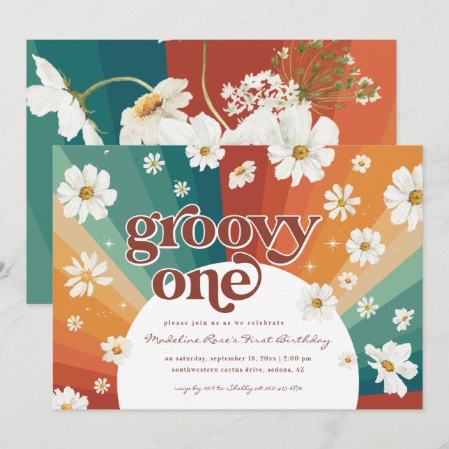 Groovy One First Birthday | Retro Daisy Rainbow Invitation (Front/Back)