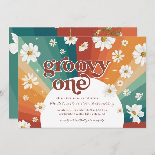 Groovy One First Birthday  Retro Daisy Rainbow Invitation