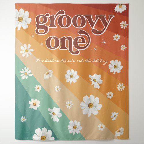 Groovy One First Birthday  Retro Daisy Rainbow Tapestry