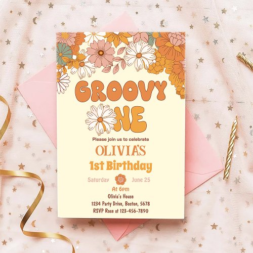 Groovy One Floral Retro 1st Birthday Invitation