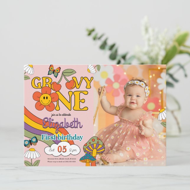 Groovy One Flower Birthday Photo Invitation (Standing Front)