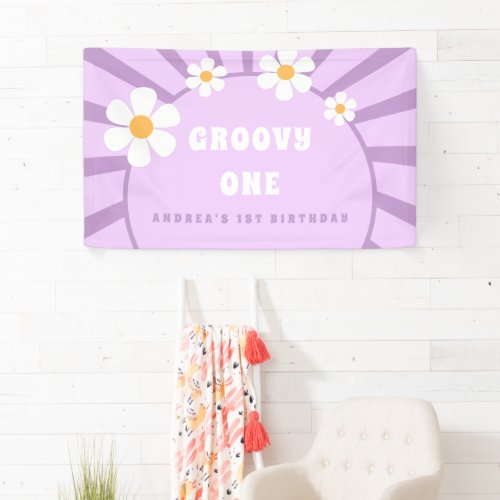 Groovy One Girl First Birthday Pink Retro Sunshine Banner