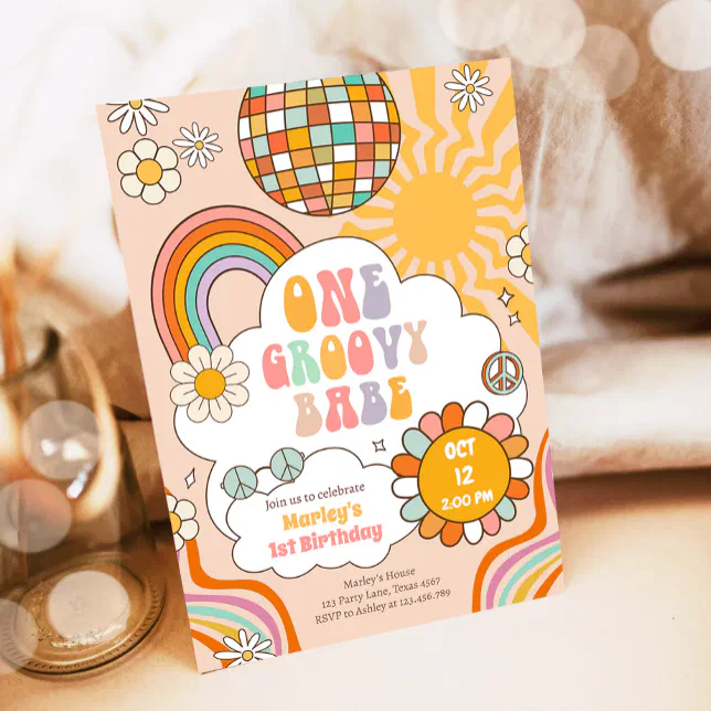 Groovy One Girl Retro 70s Rainbow 1st Birthday Invitation | Zazzle