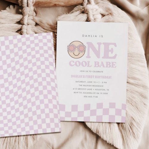 Groovy One Girls Checkered Happy Face 1st Birthday Invitation