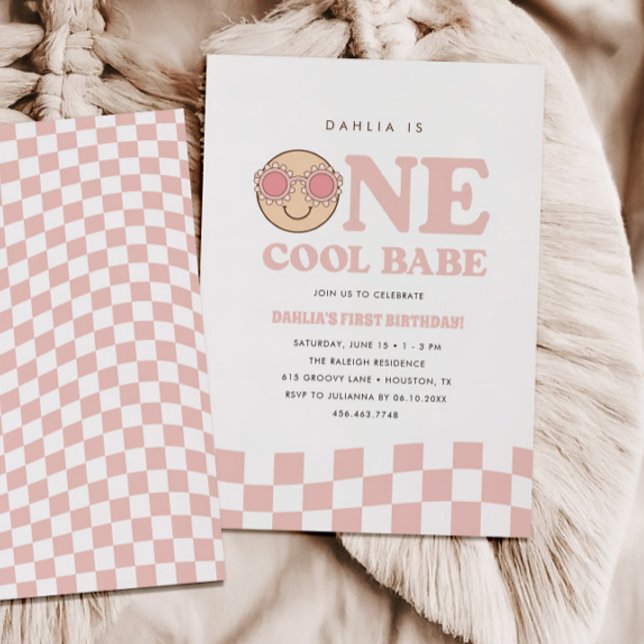 Groovy One Girls Checkered Happy Face | Birthday Invitation (Creator Uploaded)
