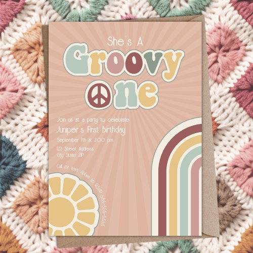 Groovy One Hippie Peace First Birthday Party Girl Invitation