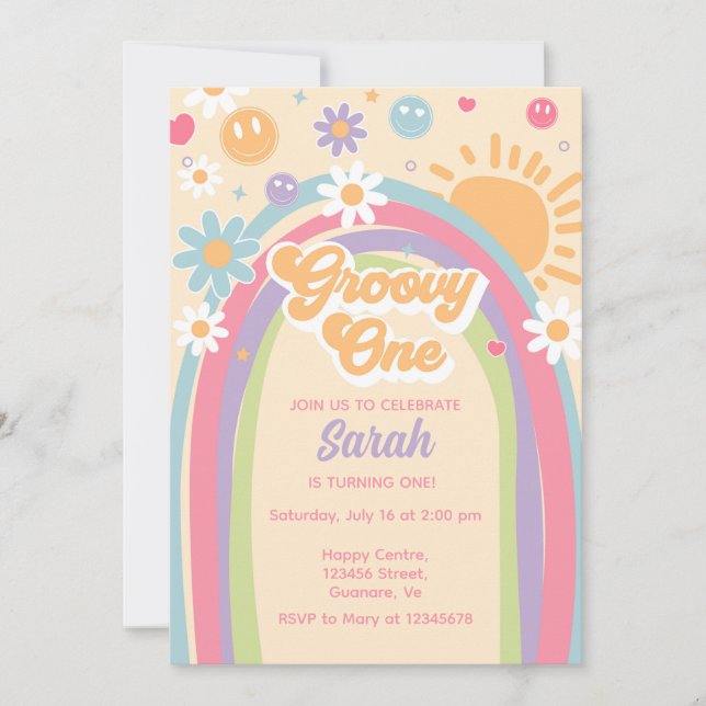 Groovy One Invite Rainbow Groovy ONE 1st Birthday (Front)
