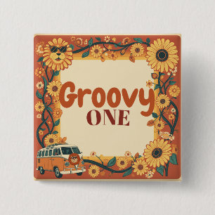 Groovy One Lion Birthday Retro 70s First Birthday Button