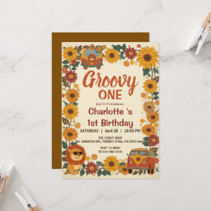 Groovy One Lion Birthday Retro 70s First Birthday Invitation