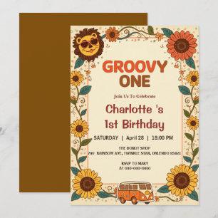 Groovy One Lion Birthday Retro 70s First Birthday  Invitation