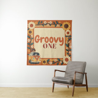 Groovy One Lion Birthday Retro 70s First Birthday Tapestry