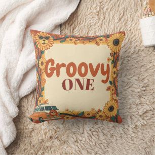 Groovy One Lion Birthday Retro 70s First Birthday Throw Pillow