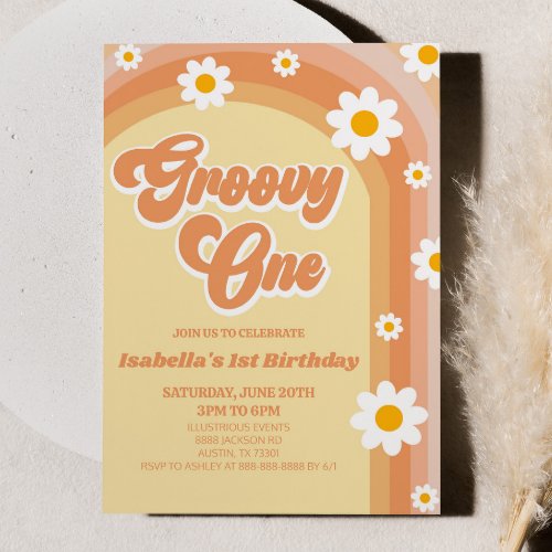 Groovy One Orange Retro Daisy 1st Birthday Party Invitation