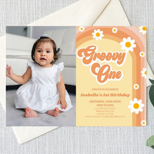 Groovy One Orange Retro Daisy 1st Birthday Party Invitation