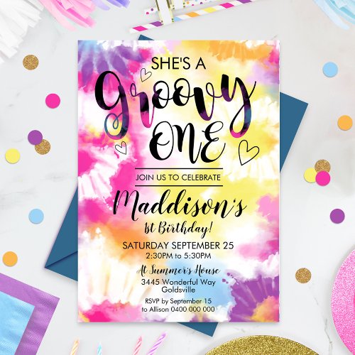 Groovy One Party Invitation Hippy Tie Dye