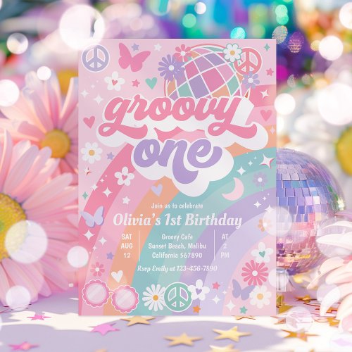 Groovy One Pastel Pink Rainbow 1st Birthday Party Invitation