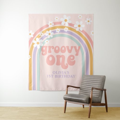 Groovy One Pastel rainbow 1st birthday Banner Tapestry