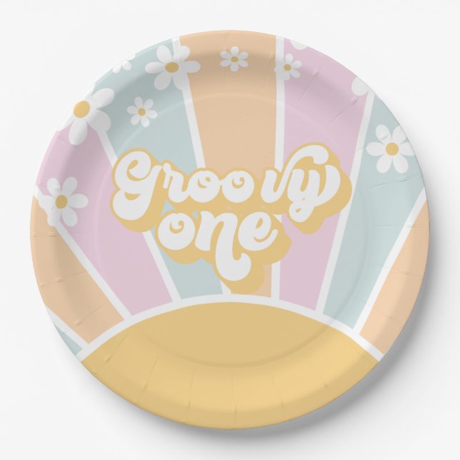 Groovy One pastel Retro Sunshine daisy boho Paper Plates (Front)