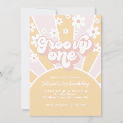 Groovy One Pastel Retro Sunshine daisy Pink Invitation