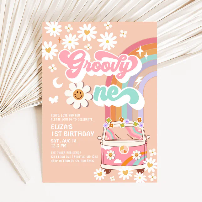 Groovy ONE Pink Daisy Rainbow Van 1st Birthday Invitation | Zazzle