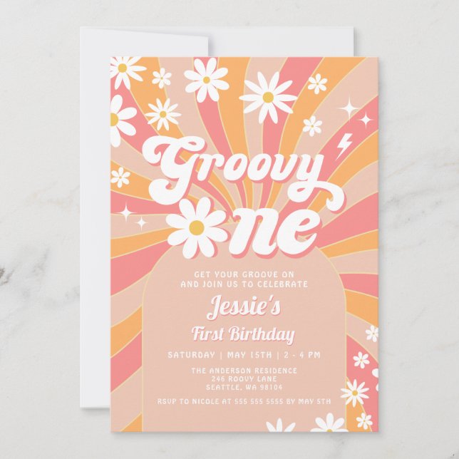 Groovy One Pink Daisy Sunshine Retro 1st Birthday Invitation (Front)