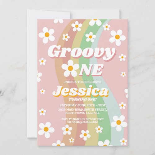 Groovy One Pink Girls 1st Retro Vintage 1970s Invitation