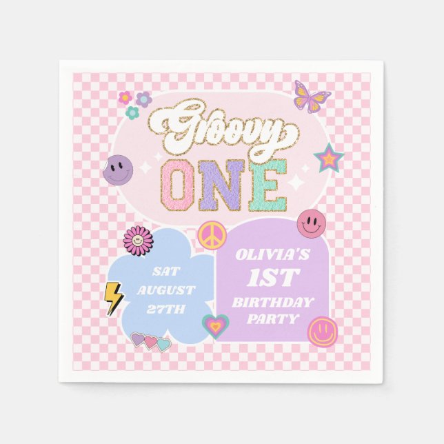 Groovy One Preppy Patch 1st Birthday Party Napkins (Front)
