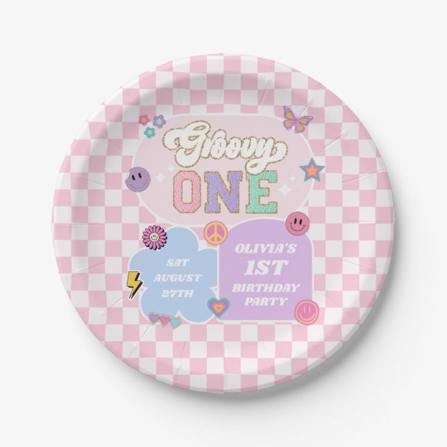 Groovy One Preppy Patch 1st Birthday Party Paper Plates (Front)