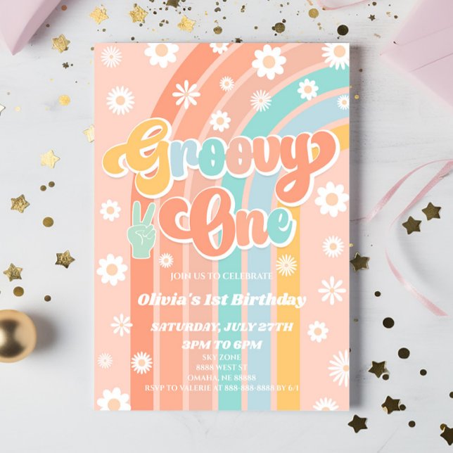 Groovy One Rainbow Daisy Retro 1st Birthday Party Invitation (Creator Uploaded)