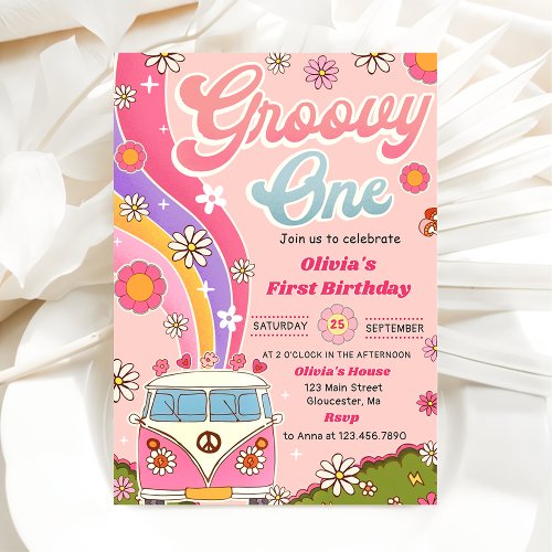 Groovy One Rainbow Floral 1st Birthday Party Invitation