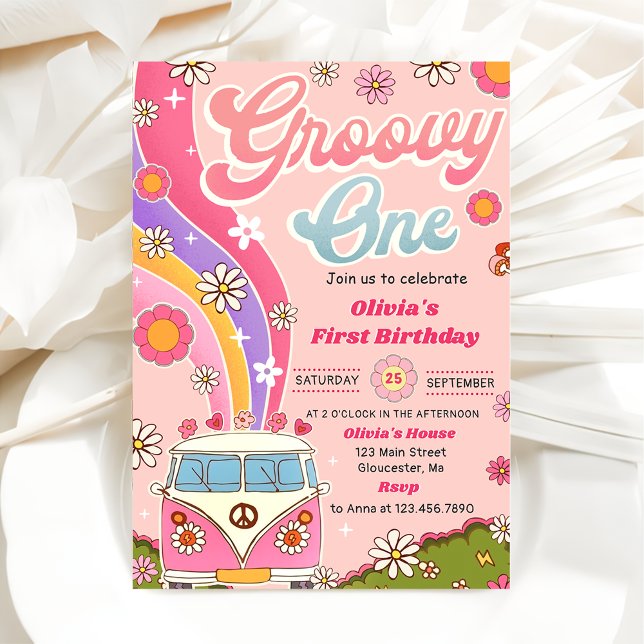 Groovy One Rainbow Floral 1st Birthday Party Invitation (Creator Uploaded)