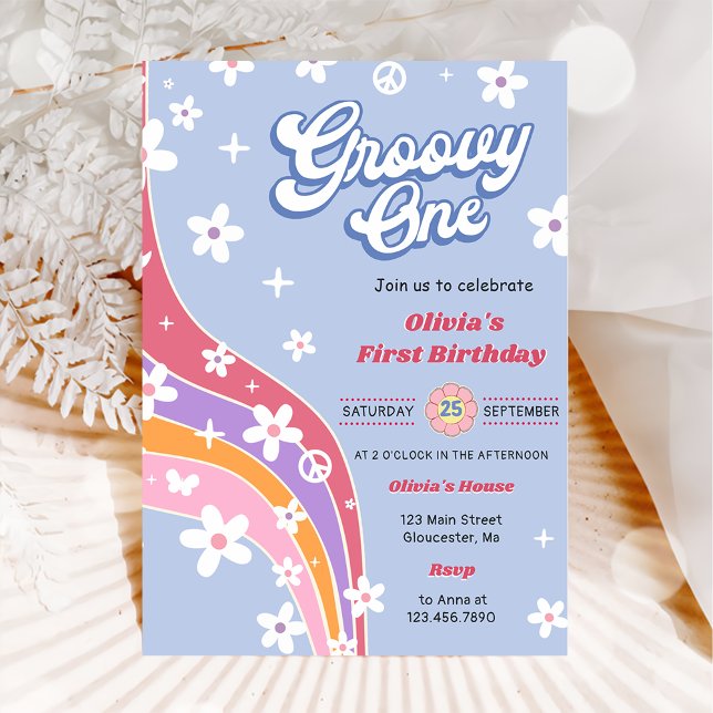 Groovy One Rainbow Floral 1st Birthday Party  Invitation (Creator Uploaded)