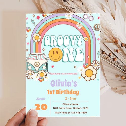 Groovy One Rainbow Flower 1st Birthday Invitation