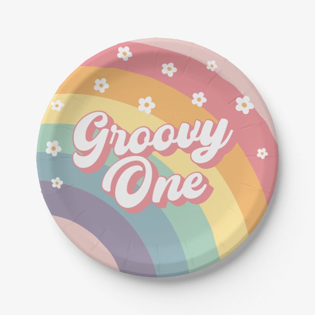 Groovy One Retro 70s Rainbow Daisy 1st Birthday  Paper Plates (Front)