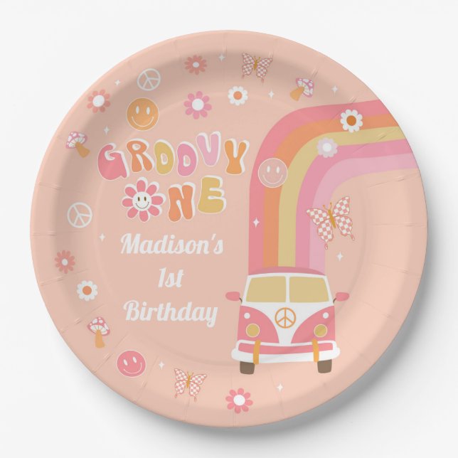 Groovy One Retro Boho Birthday Party Paper Plates (Front)