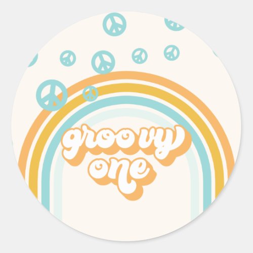 Groovy One Retro Boy 1st Birthday Paper Plates Classic Round Sticker