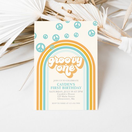 Groovy One Retro Boy First Birthday Invitation