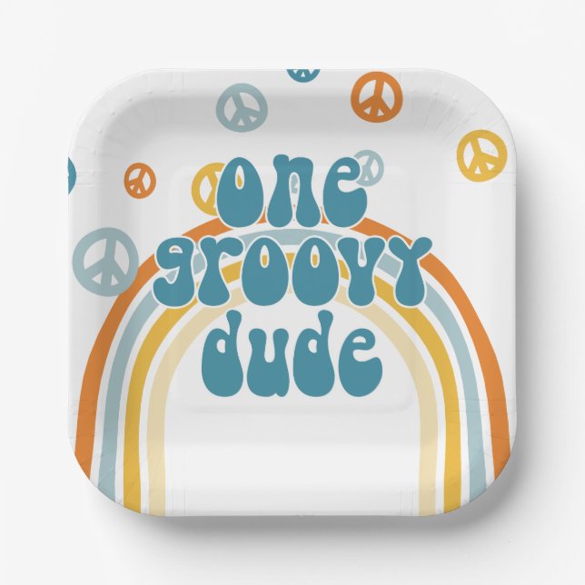 Groovy One Retro Boy First Birthday Paper Plates (Front)