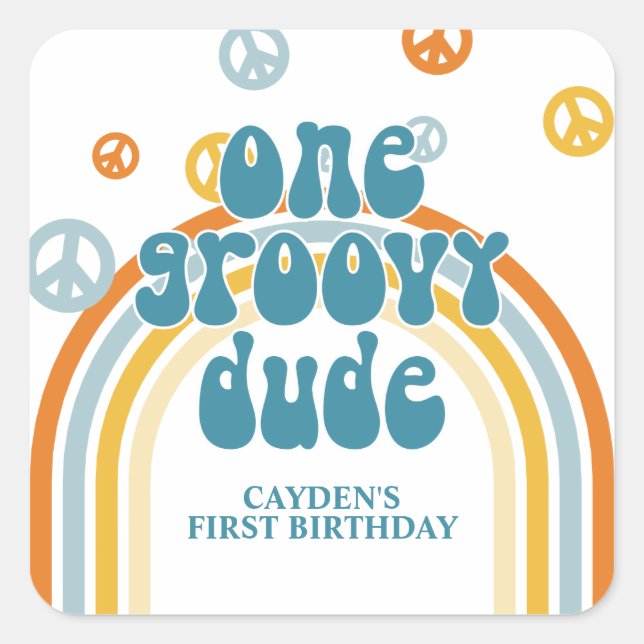 Groovy One Retro Boy First Birthday Square Sticker (Front)