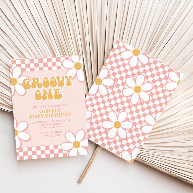 Groovy One Retro Check Pink Daisy Invitation (Creator Uploaded)