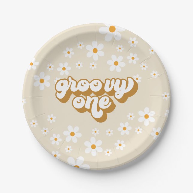 Groovy One Retro Daisy 1st Birthday Paper Plates (Front)