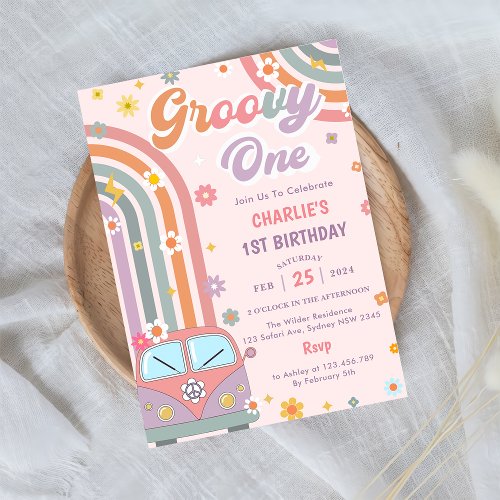 Groovy One Retro Daisy 1st Birthday Party Invitation