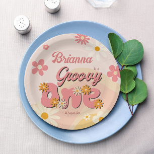 Groovy one retro daisy 1st birthday printed paper plates