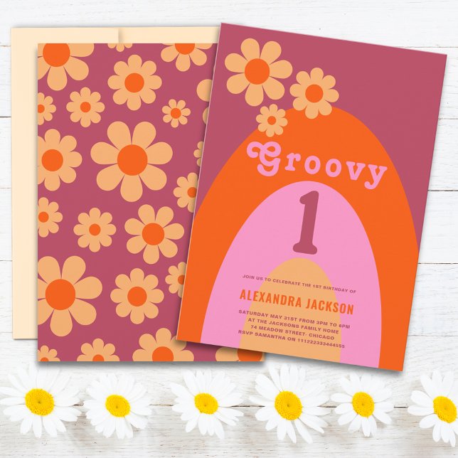 Groovy One Retro Daisy Arch 1st Birthday Party Invitation (Groovy 1 retro daisy arch orange and pink 1st birthday party invitation )