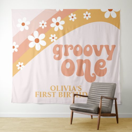 Groovy One Retro Daisy Birthday Banner Tapestry