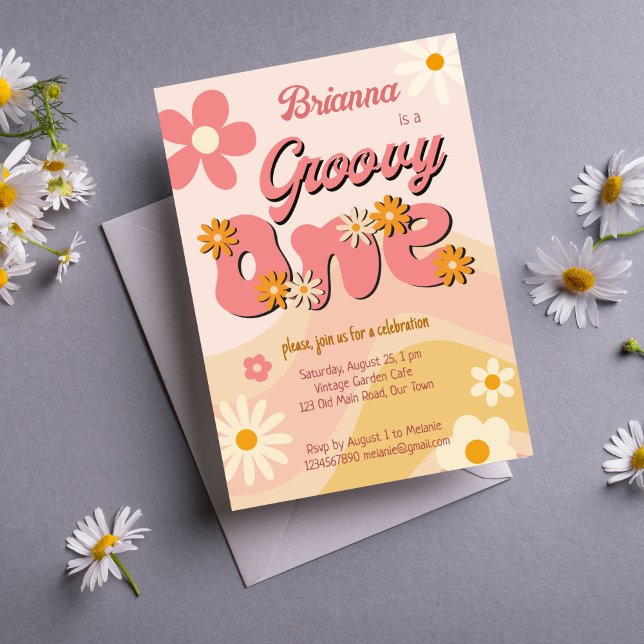 Groovy one retro daisy first birthday party invitation (Groovy one vintage retro daisy first birthday party invitation template instant download boho daisy )