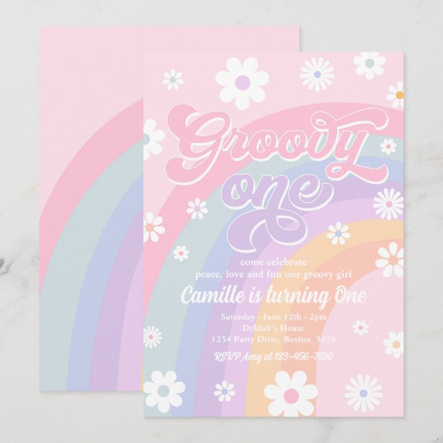 Groovy One Retro Daisy Pastel Rainbow Birthday Invitation (Front/Back)